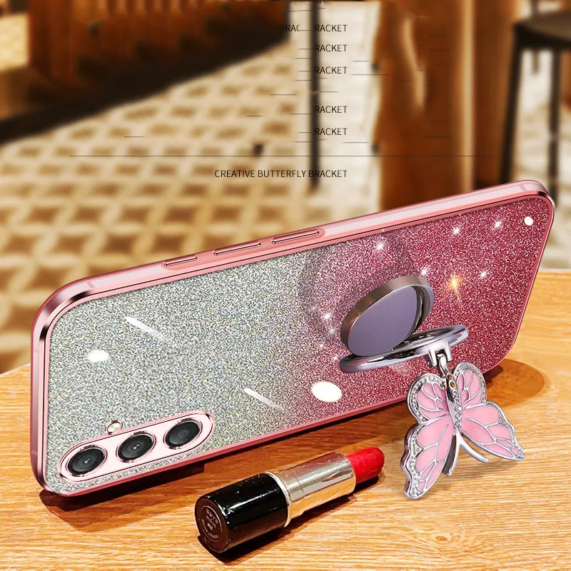 Butterfly Holder Bracket Glitter Plating Phone Case for Moto G60S G60 G30 G20 G10 G50 E13 E32 E22 E22i E20 E6S Stand Soft Cover