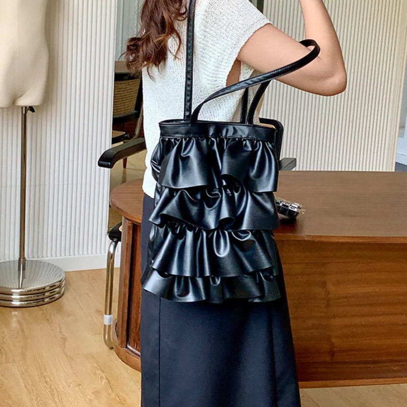 Large Capacity Flounce Pleated PU Leather Shoulder Bags For Women 2024 Spring Underarm Bag Handbags And Purses Fashion Hand Bag