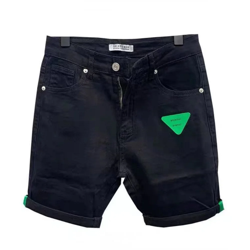 New Arrival Korean Style Clothes Cowboy Luxury Men\'s Slim Denim Jeans for Summer Fashion 2023 Black Leather Patch Jeans Shorts