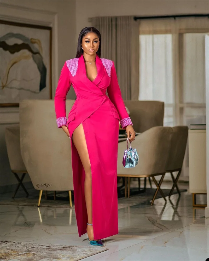 Sexy Side Split Prom Dress Women Suit Long Blazer Appliqued Beads Jacket Fuchsia Pink Party Graduation Gown Custom Made