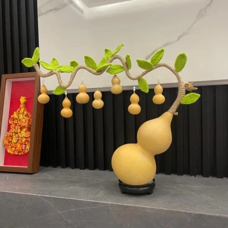 Handmade Natural Gourd Tree Lucky Feng Shui Ornament with Crocheted Leaves for Living Room and Bedroom Home Decor