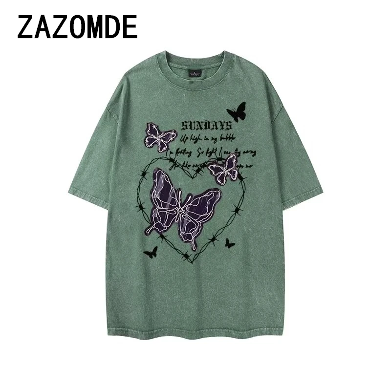 

ZAZOMDE Butterfly Street Fashion T-shirts For Man Harajuku Retro Popular Washed Cotton T Shirts Summer Breathable Loose Clothes