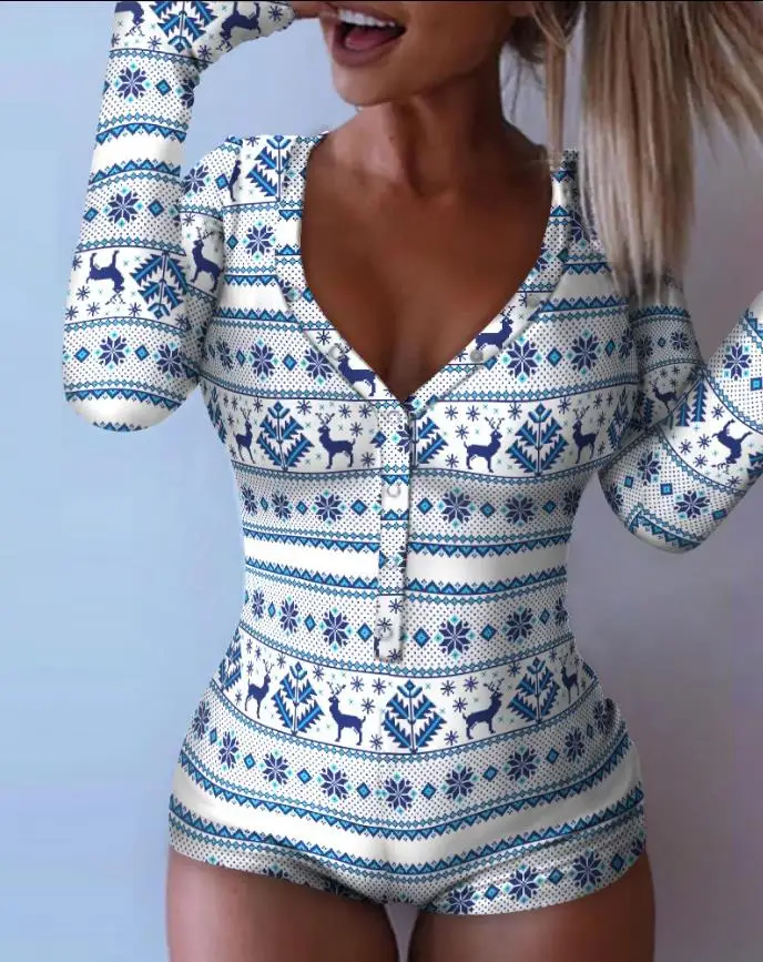 

Christmas Snowflake Elk Print Button Front Adult Onesie Europe and America Fashion Women's Clothing Sexy Onesie Skinny Home