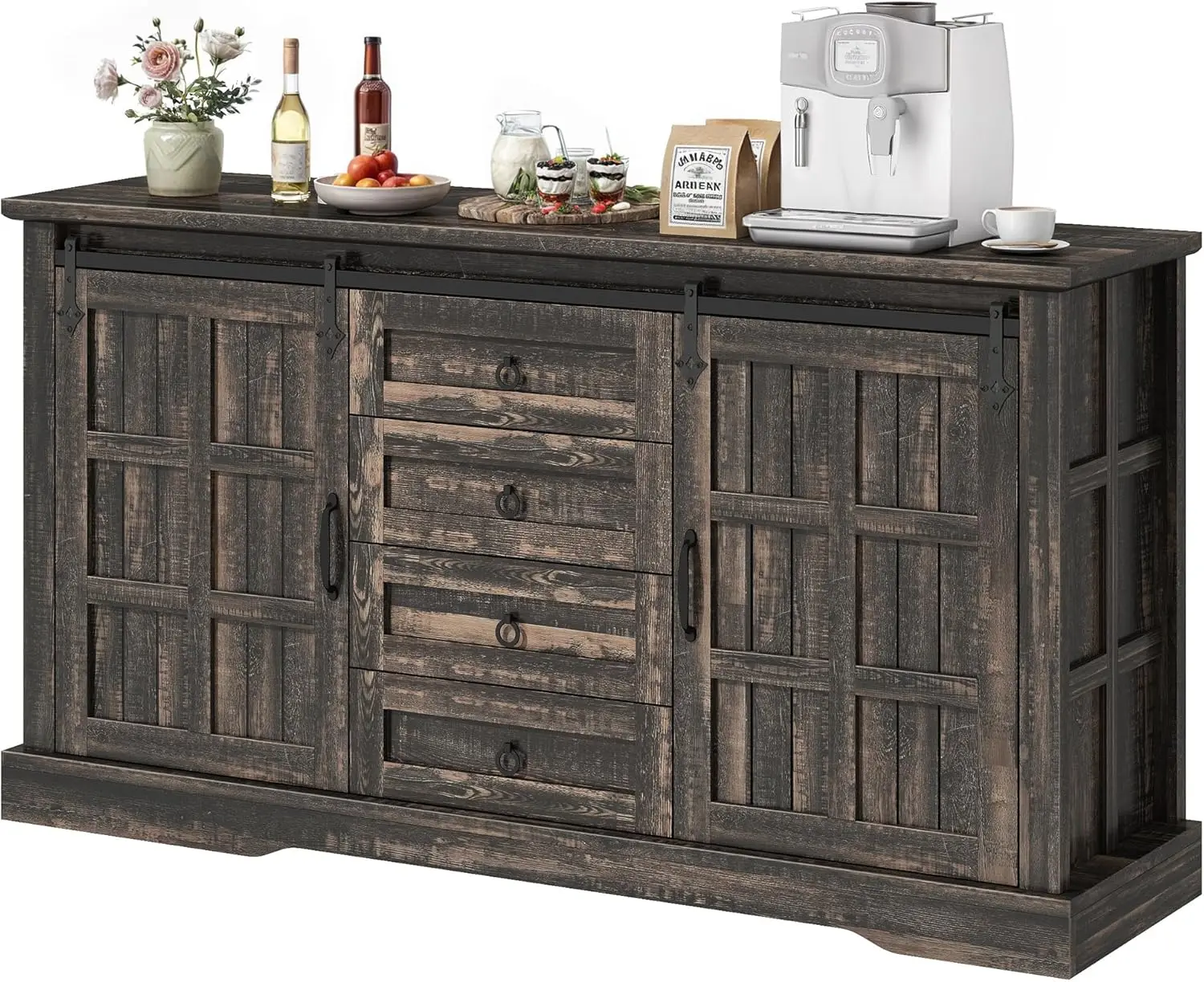 

Sideboard Buffet Cabinet Farmhouse, 50" Bar Buffet Wooden Cabinet Kitchen Pantry, 4 Drawers, 2 Slide Barn Doors, Rustic Dark Oak