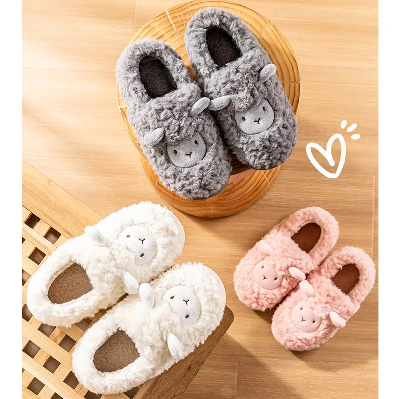 House Slipper Womens Sheep Lamb flip flop Winter Warm Cartoon Kawaii Animal peluche Indoor Home Shoes Flat Fuzzy Female slides