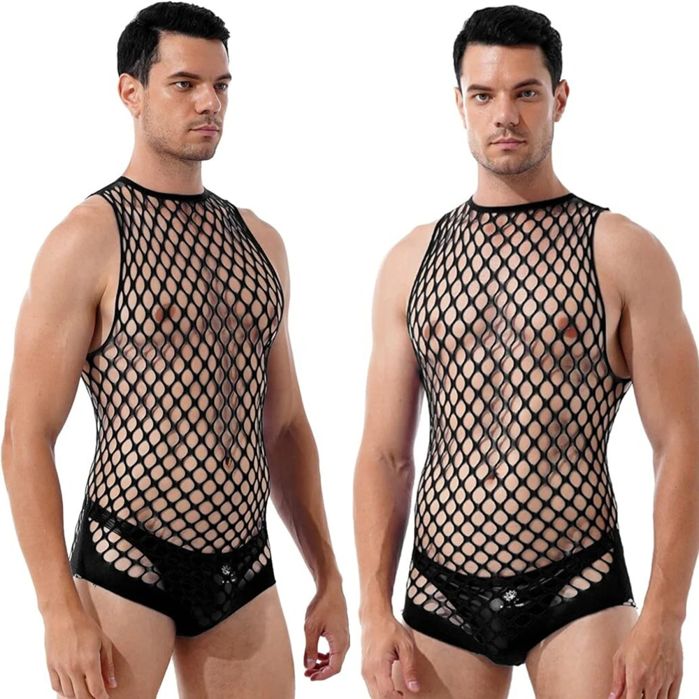 Nuovi uomini sexy collant bodystocking lingerie sissy cava alta biancheria intima elastica maglia trasparente gay tuta night club wear