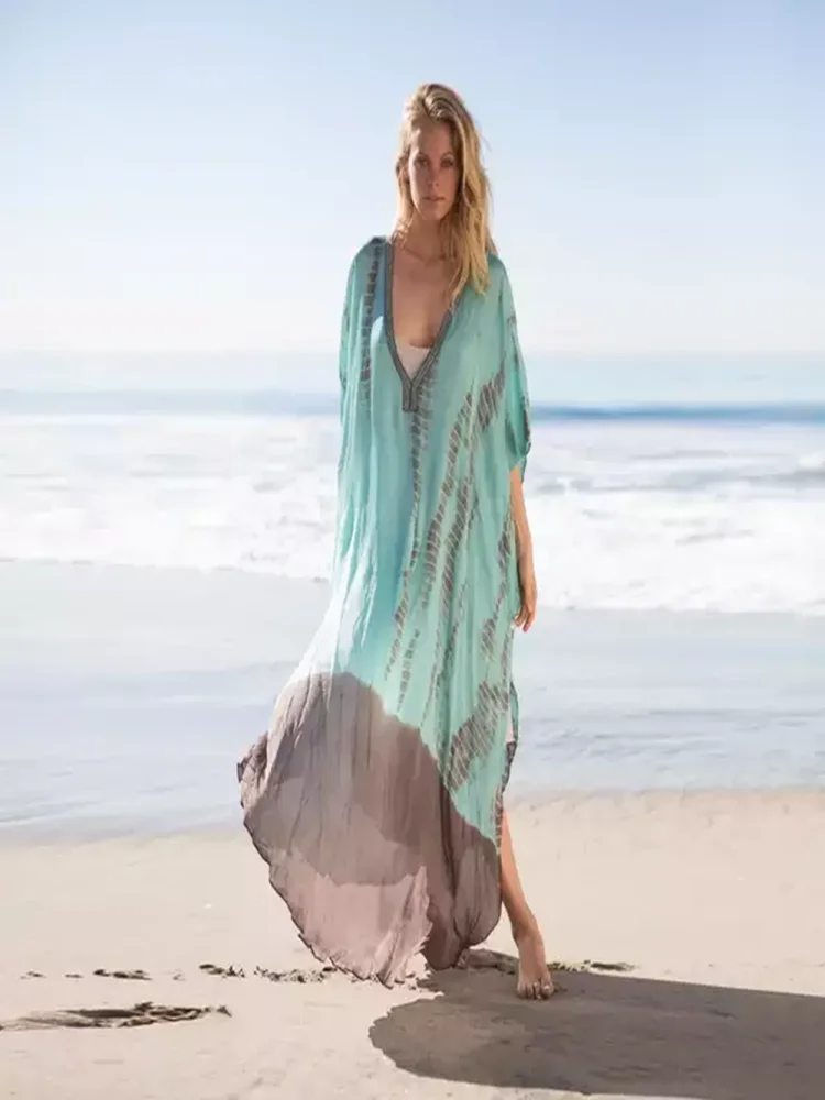 Plus Size Boho Cover Up Women s Plus Colorblock Tie Dye Bat Sleeve V Neck Round Hem Maxi Beachwear Cover Up