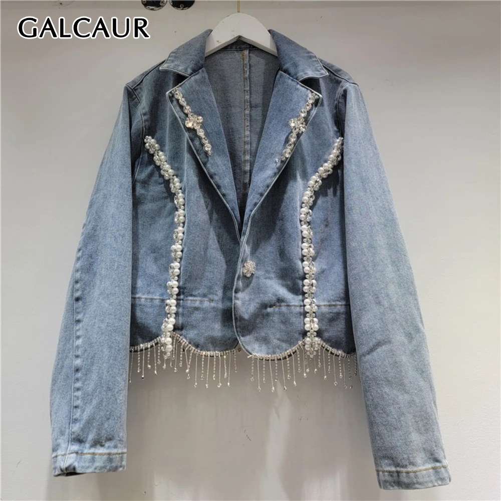 

GALCAUR синяя куртка с жемчугом, женская куртка с лацканами и длинными рукавами, свободная лоскутная уличная одежда с кисточками, женские куртки, осенняя новая мода