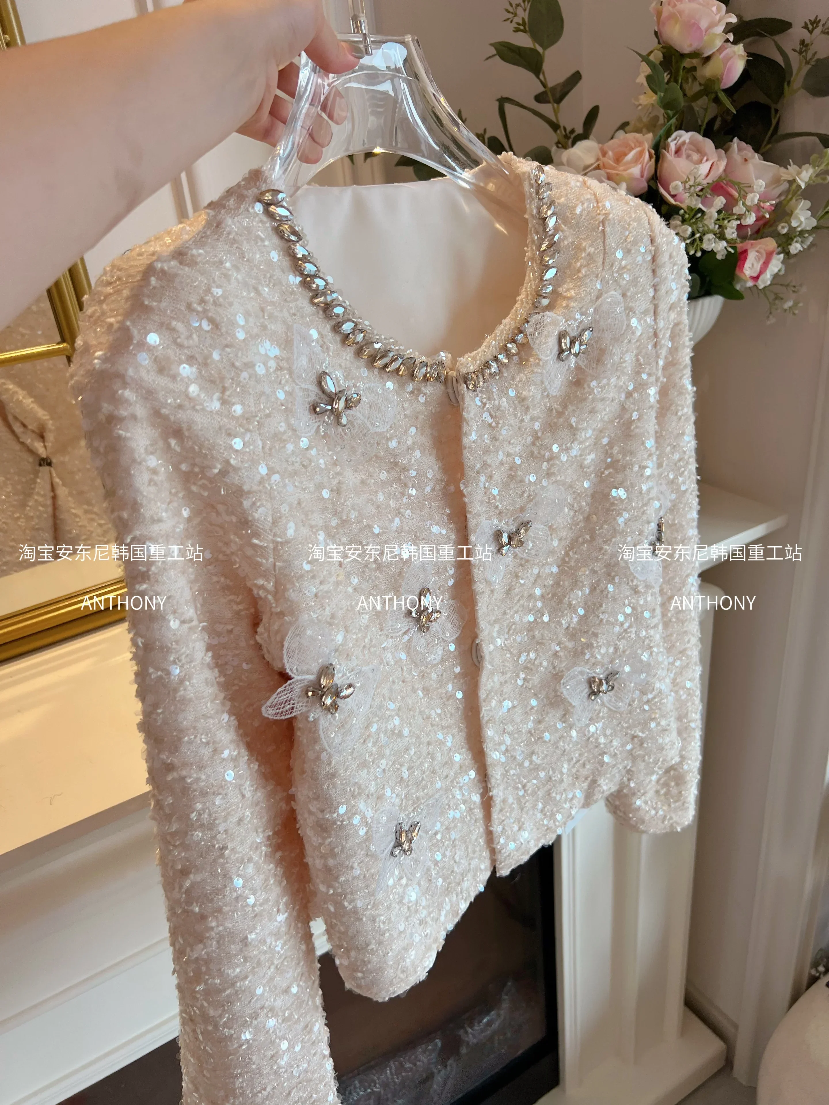 Elegant Butterfly Short Jacket Women Sequin Diamonds Heavy Industry Round Collar Long Sleeve Cardigan Fashion Cropped Coats