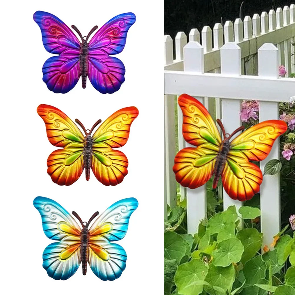 3PCS Metal Butterfly Garden Hanging Wall Fence Ornament Metallic Butterflies Garden Supplies Yard Garden Decorations