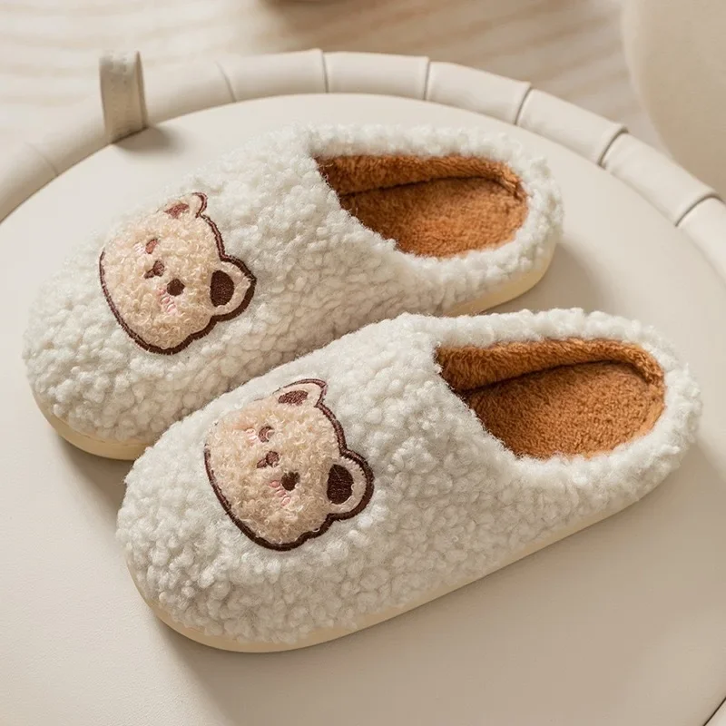 Plush Slippers Cartoon Bear Fur  Winter Warmth Women  Non Slip Household Shoes Indoor Couple Cotton Slippers