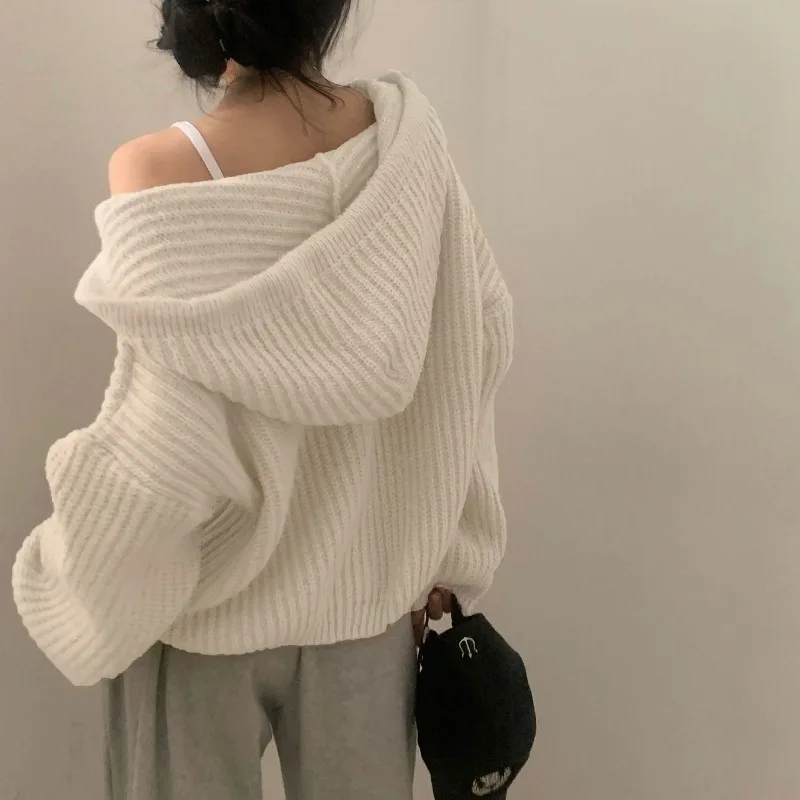 Loose Knit Sweater Women Autumn Winter Korean Style Lazy Chic Thick Cardigan Coat Double Zipper