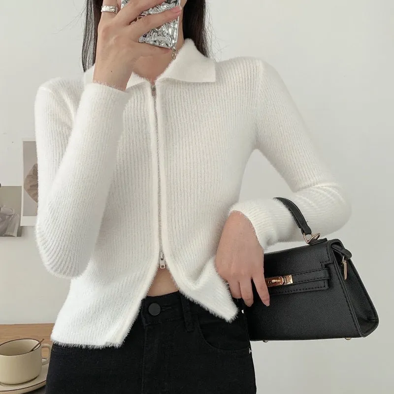 2023 Mink Fleece Kintted Cardigan Jackets Y2k Long Sleeve Harajuku Basic Zip Outwear Autumn Stretch Slim Women Casual Coat Tops