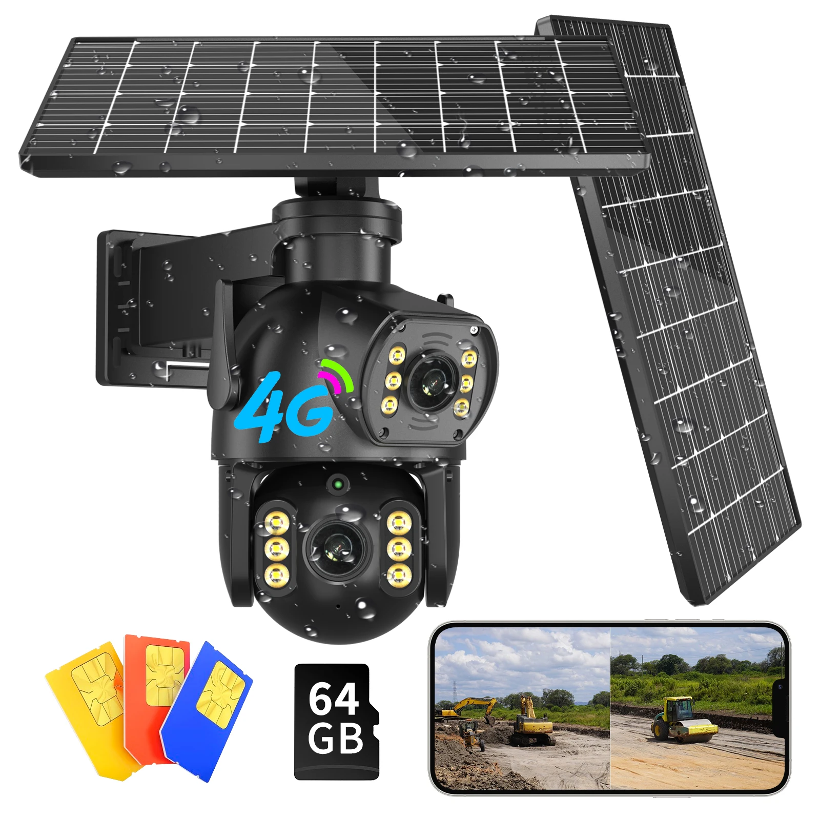 8mp/4k Solar Powered 4G SIM Card Camera Outdoor 5X Zoom Pan Tilt Dual Lens Binocular Camera PIR Human Body Sensing Solar Camera