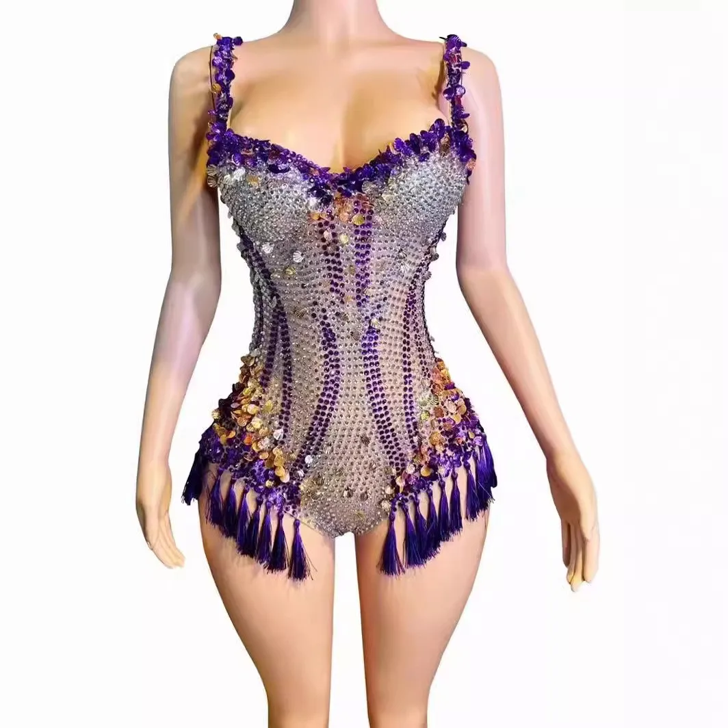 Luxury Diamonds Purple Sequins Tassels Sexy Bodysuit Evening Party Performance Costume Nightclub Singer Dancer Star Stage Wear