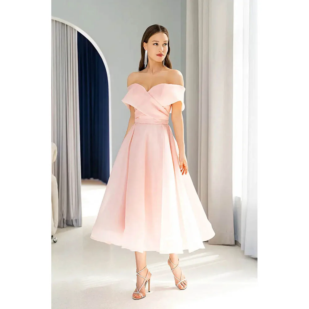 

Sexy Backless Tea Length Short Sleeve Formal Evening Dress Off Shoulder Sweetheart Cross-surplice Neck A Line Prom Dresses