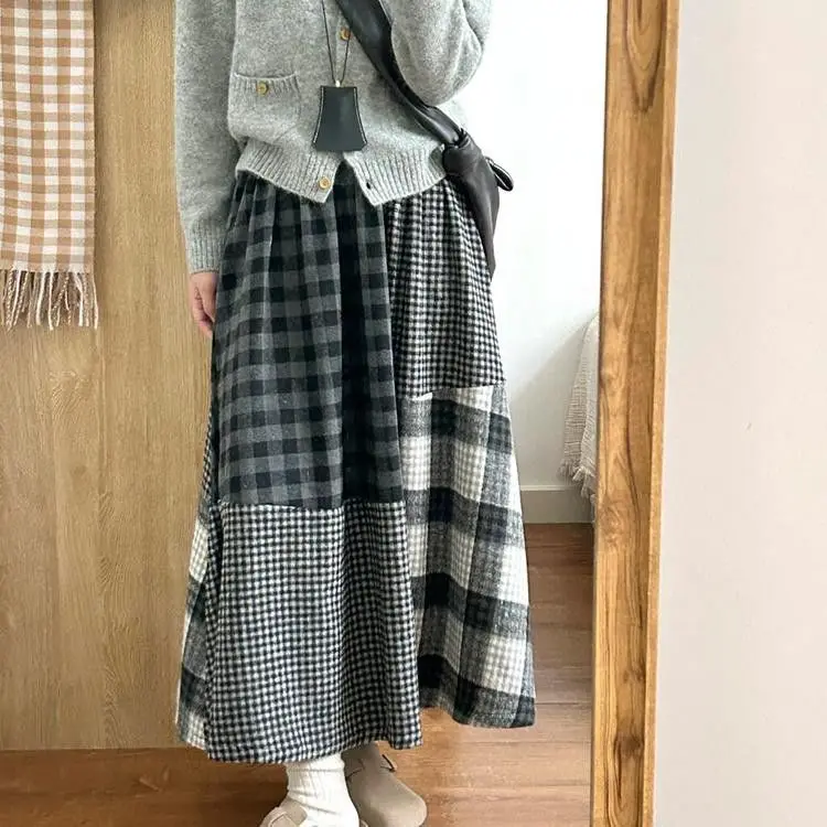 Japanese style irregular A-version heavy-duty spliced woolen elastic waist plaid half skirt  skirts for women  LOOSE  Slim