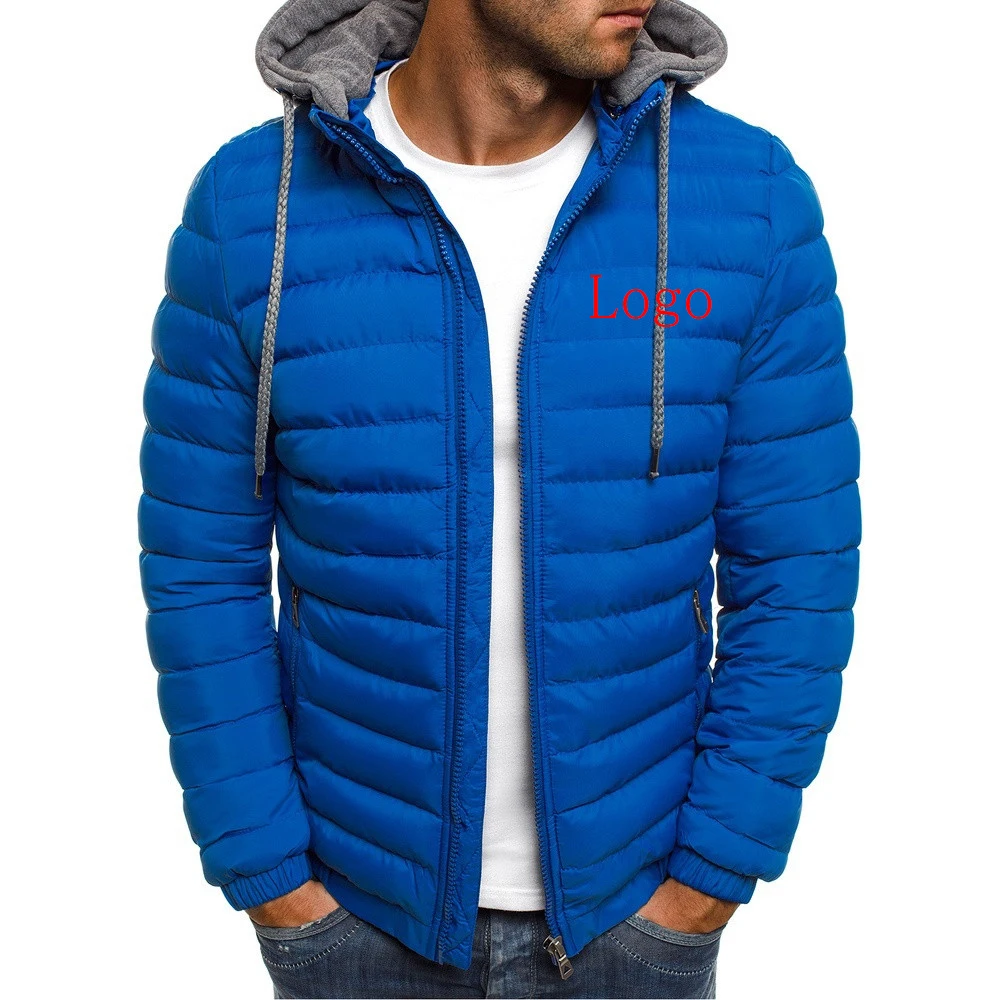 Custom LOGO Men Jacket Brand Winter Warm Zipper Hooded Pocket Fashion Casual Streetwear Windproof Male Cotton-Padded Coat S-3XL