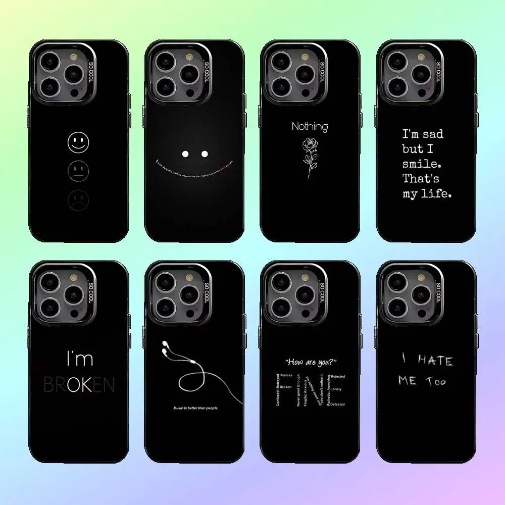 

S-Sad depression Black Word Aesthetic Phone Case For iPhone17,16,15,14,13,12,11 Plus,Pro Max Colorful Silver Back Phone Case