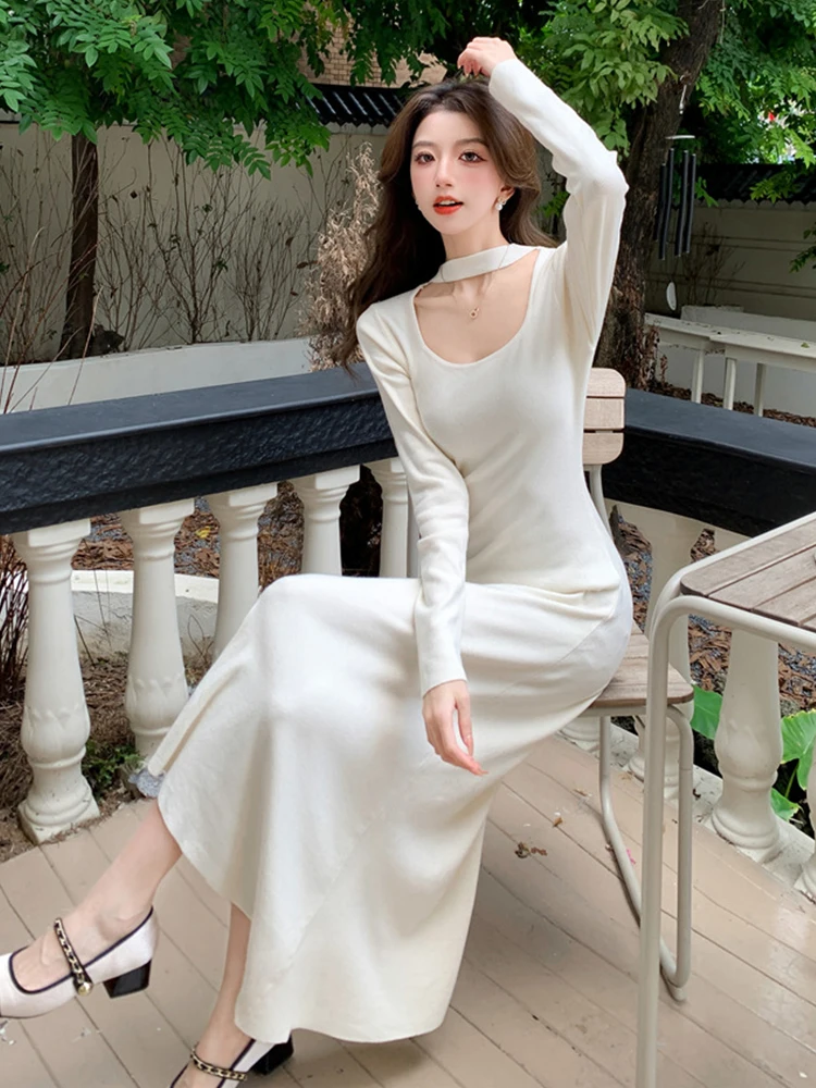 เดรสยาวทรงเข้ารูปสีขาวแบบผูกคอสำหรับผู้หญิง ดีไซน์เรียบหรู สวมใส่ได้ทุกวัน ลำลอง ออกงาน หรือไปทำงาน