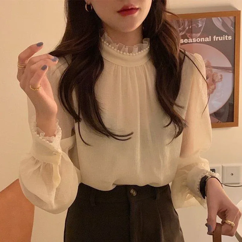 Spring Autumn Half High Collar Pearl Elegant Fashion Shirt Women Long Sleeve Ruffles All-match  Aesthetic Pullover Blouse A559