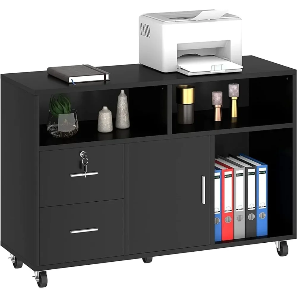 

Black Filing Cabinets 2 Drawer Mobile Lateral Storage Cabinet With Lock and Open Storage Shelves for Home Office Freight free