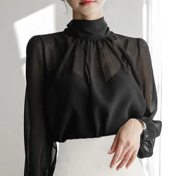 New Fashion Long Sleeve Turtleneck Women Blouse Casual Black Chiffon Blouse Shirt Women Tops Blusas Mujer De Moda 2024 Blusa I75