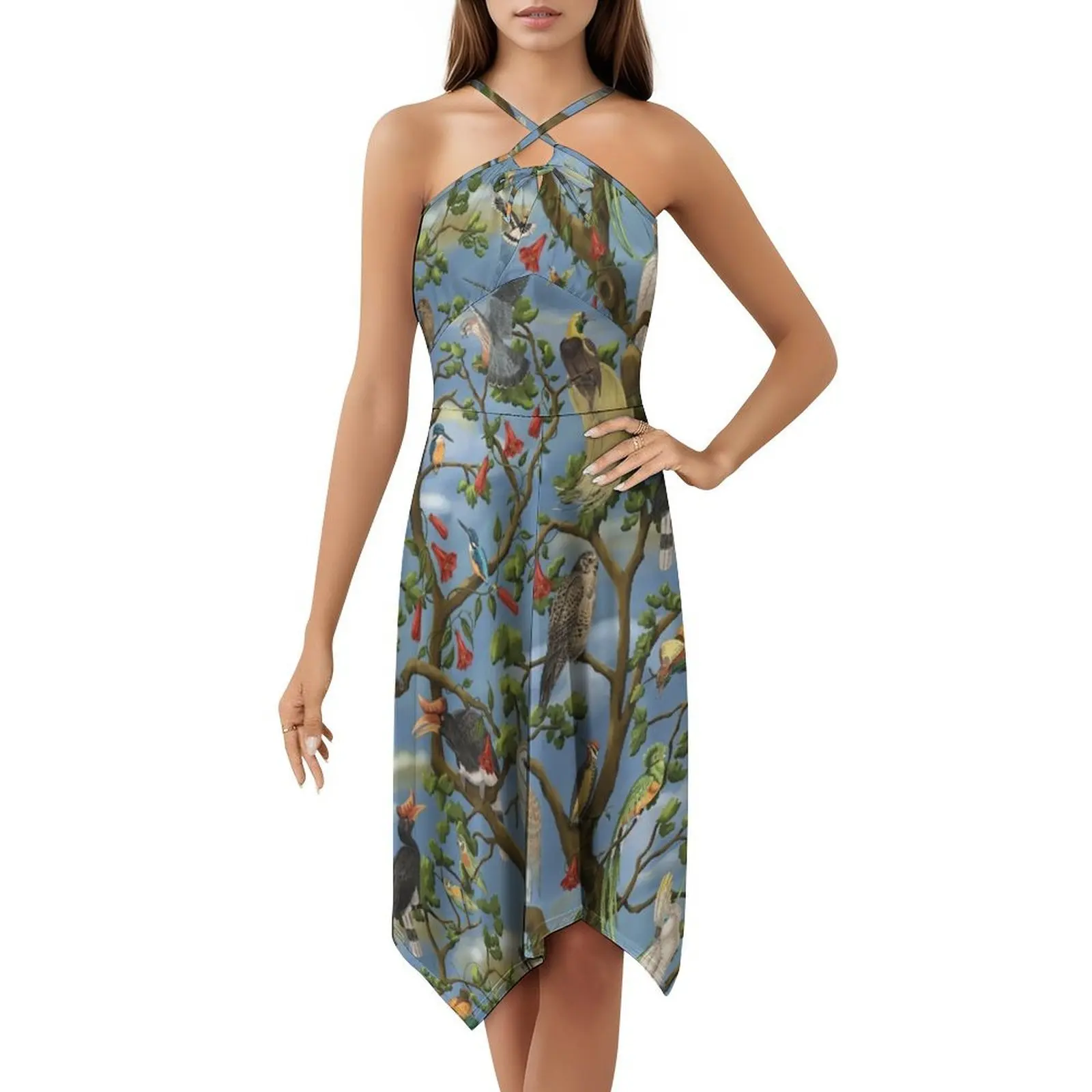 طيور العالم Animalier طباعة مع البوم فستان بفتحة عنق على شكل قلب فستان أنيق للحفلات الصيفية للنساء الطيور الحيوانات
