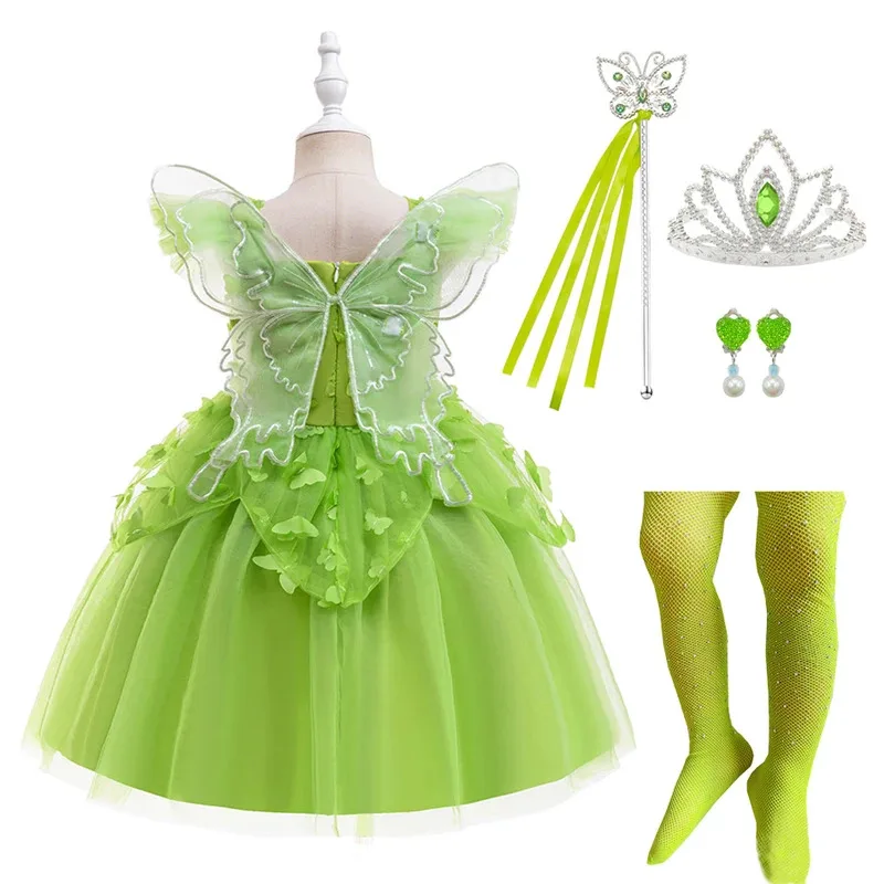 

Elf Dress for Girl Tinker Bell Costume Girls Green Butterfly Wings Ball Gown Flying Sleeve Dress Kids Halloween Elf Costume