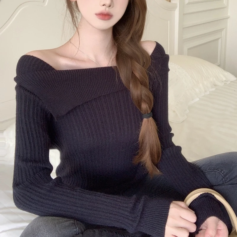 

Women Knitted Bottoming Tops Autumn and Winter New Slash Neck Sexy Off Shoulder Pullover Korean Fashion Slim Fit Sweaters 29339