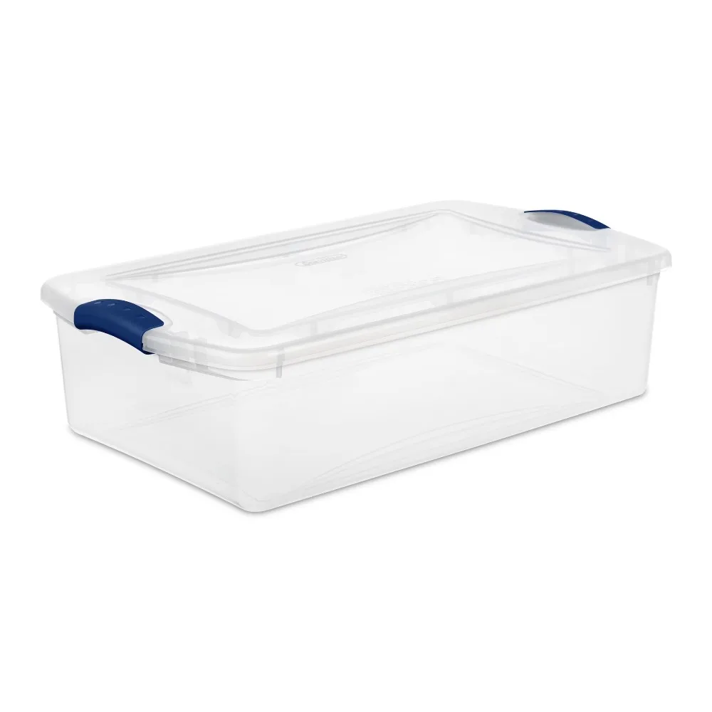 32 Quart Medium Latching Storage Bin, Clear Plastic Storage Container with Latch Lid, Blue