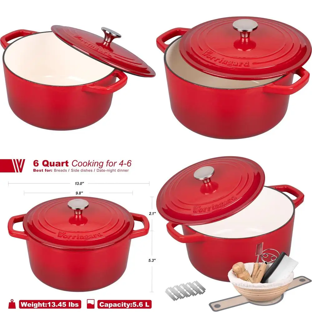 

6 Quart Red Enamel Cast Iron Dutch Oven Pot with Lid, Perfect for Bread Baking, Including Sourdough Bread Baking Supplies Set
