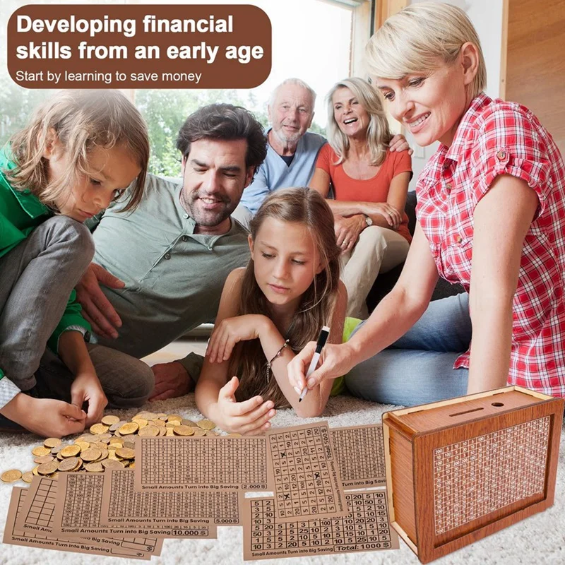 Money Saving Box, Wooden Cash For Kids And Adults, Reusable Money Box With Countdown And Money Target, Challenge