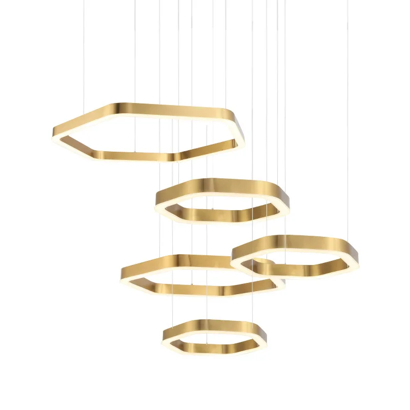 

Simple villa chandelier golden hexagonal hollow creative Hong Kong style light luxury duplex building living room lamp