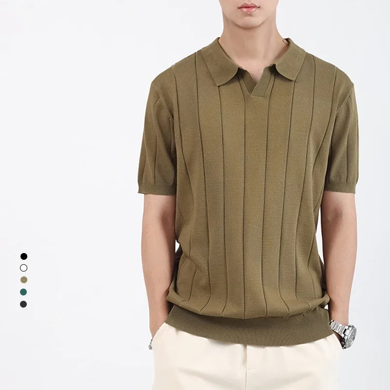 BROWON Brand Men Polo Shirt 2026 Summer Casual Loose Ice Silk Short Sleeve Tshirt Men Fashion Slim Fit Stripe Clothes for Man