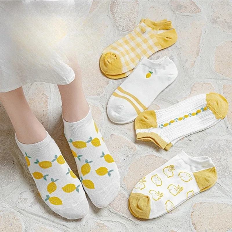 10 Paar Socken mit kreativem Druck, Cartoon-Stil, niedliche Zitronen-Söckchen, Damenmode, Baumwollsocken, gelbe Crew-Kurzsocken
