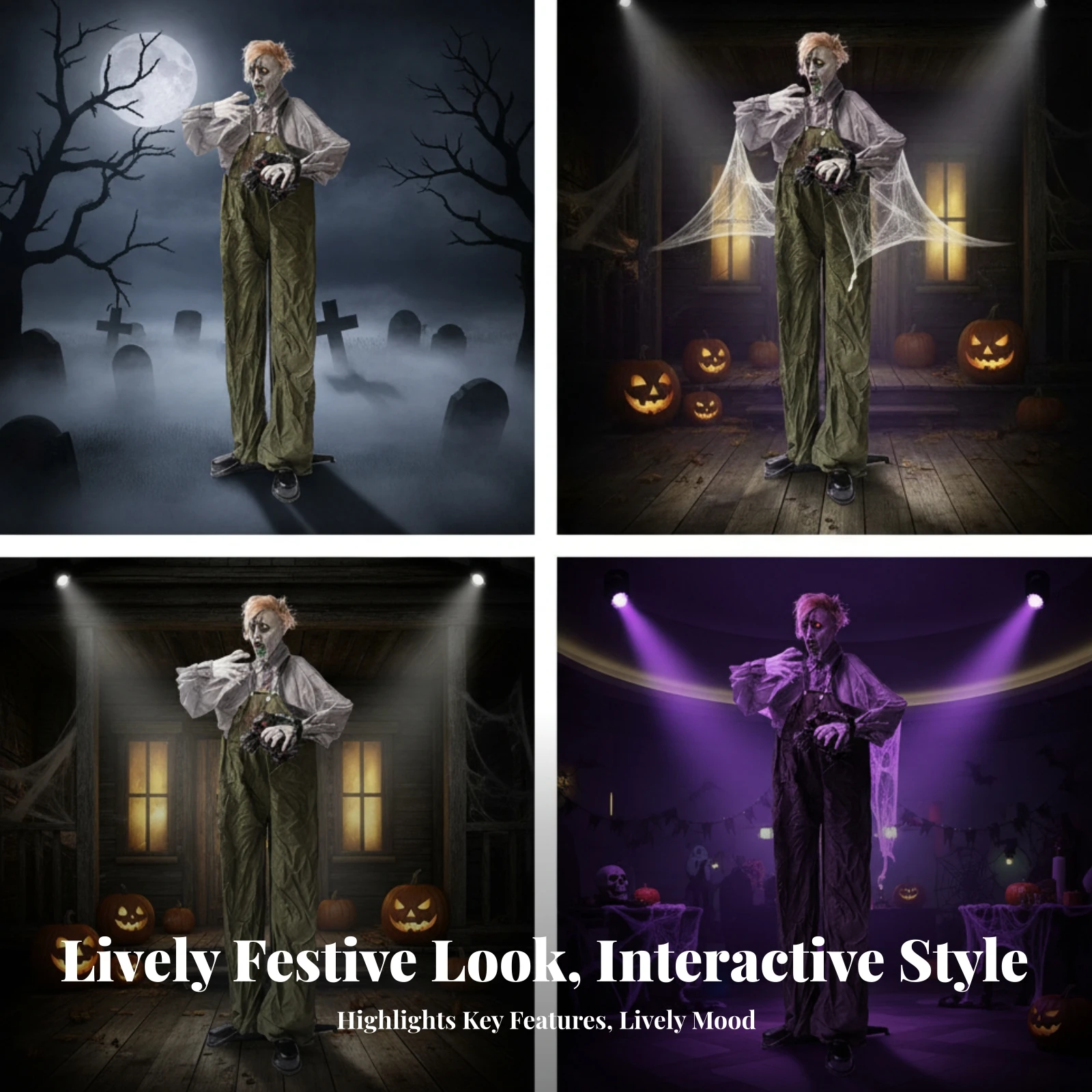 Light-up Eyes Scary Sound Effects Standing Zombie Prop Tall Holiday Decoration Figure with Support Base for Party