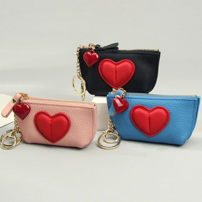 Women Genuine Leather Zipper Mini Coin Purse with Key Ring Cute Heart Pattern Hanging Buckle Card Holder Coins Organizer