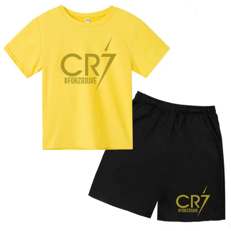 CR7 chłopięcy i dziewczęcy letni zestaw ubrań dla dzieci t-shirt + spodenki 2-częściowy zestaw Sunshine uroczy modny trening na świeżym powietrzu