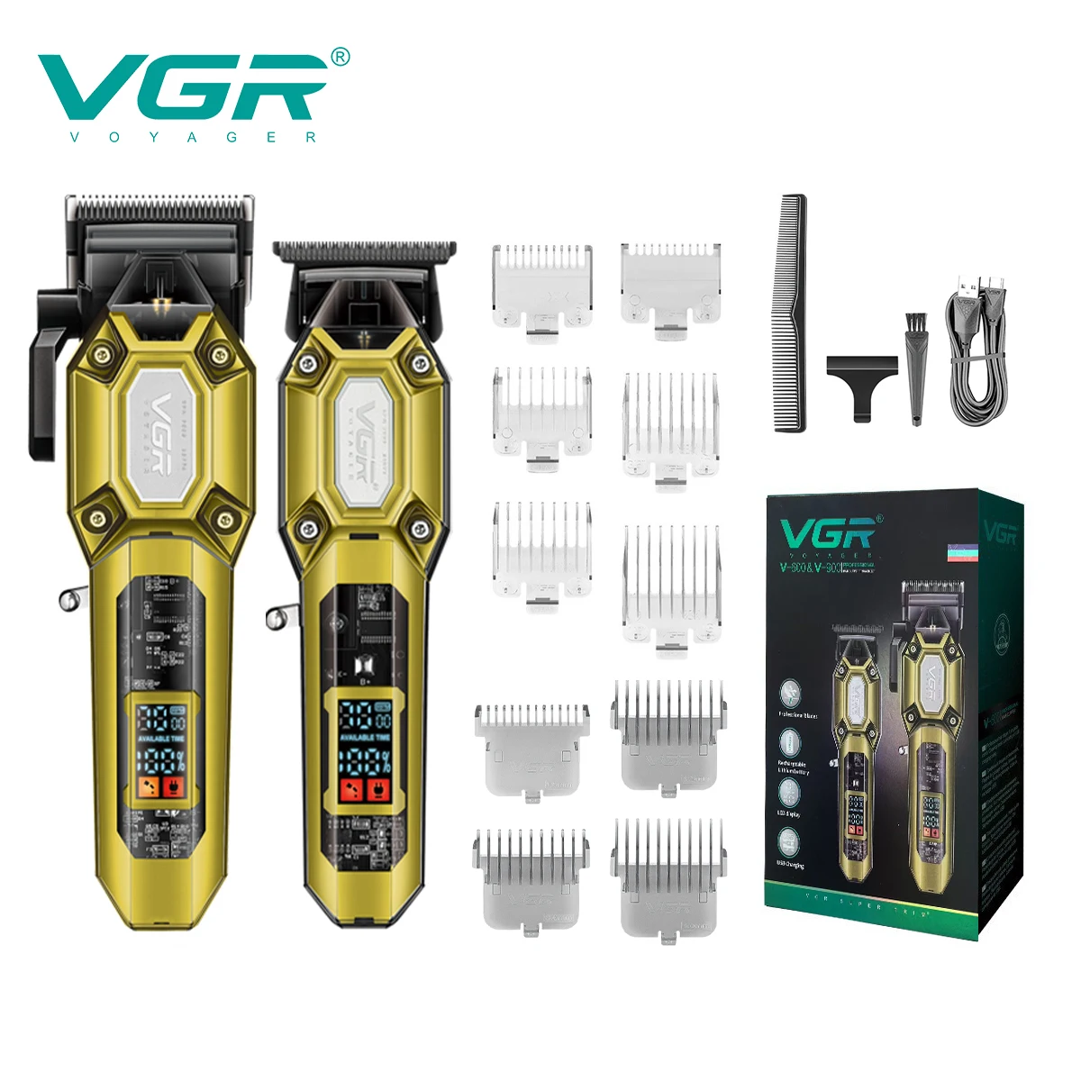 VGR V-600/V-900 電気バリカン透明ボディヘアトリマー LED インテリジェントデジタル彫刻電気スラスターケアセット
