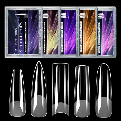 2XL ยาวพิเศษ Soft GEL Tips Half Matte CLEAR Full COVER เล็บปลอม Stiletto สแควร์รูปไข่กดบนเล็บสําหรับ EXTENSION Design