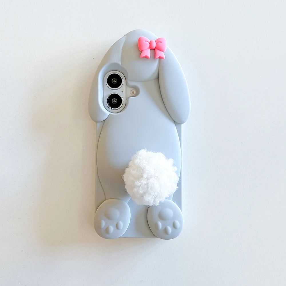 Kawaii 3D Cartoon Benny Rabbit Hülle für iPhone 16 15 14 13 12 Pro Max Weiche Silikonhülle mit Haarballenschwanzhalter – Detail 1