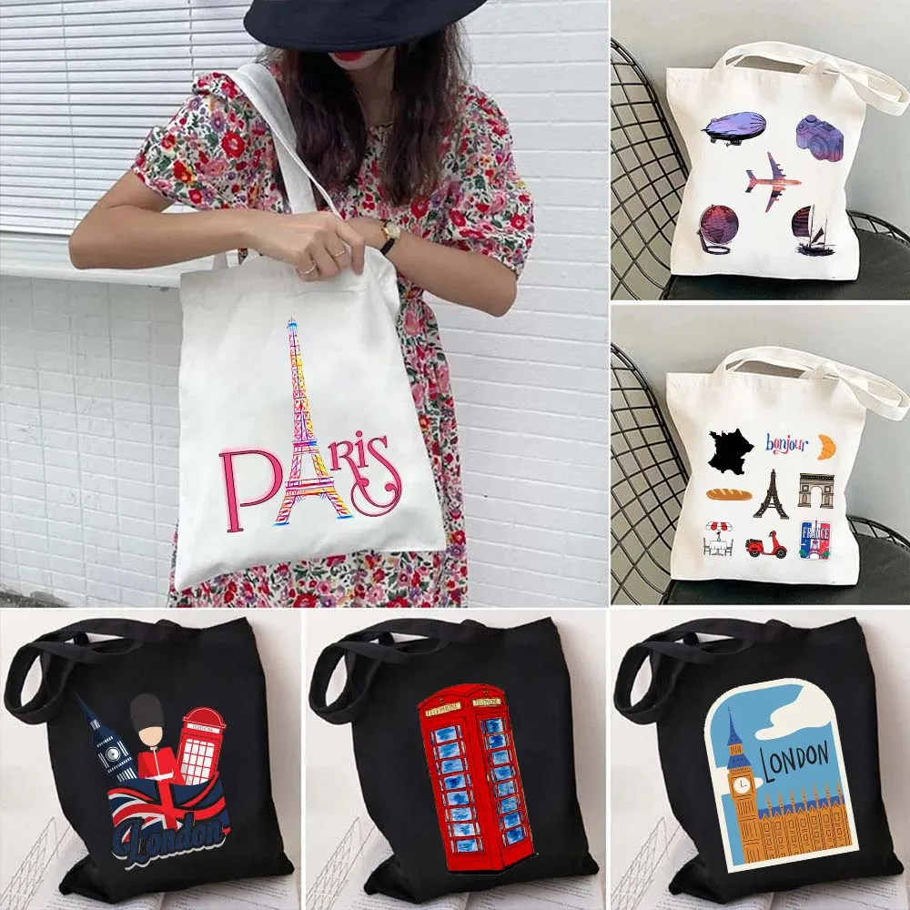 London uk paris frankreich reise paket britisches königliches wappen shopper harajuku einkaufen leinwand einkaufstasche frauen schulter handtasche