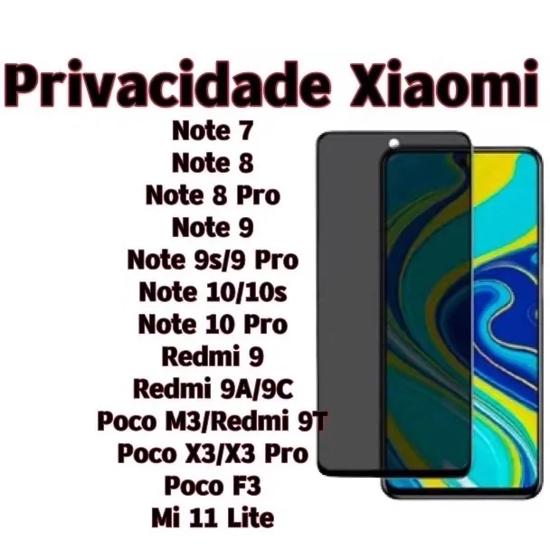 Película de Vidro 3D Privacidade Anti Spy Para Xiaomi Note 7/8/9s/9 pro/10/9A/9C/9T/Poco M3/F3