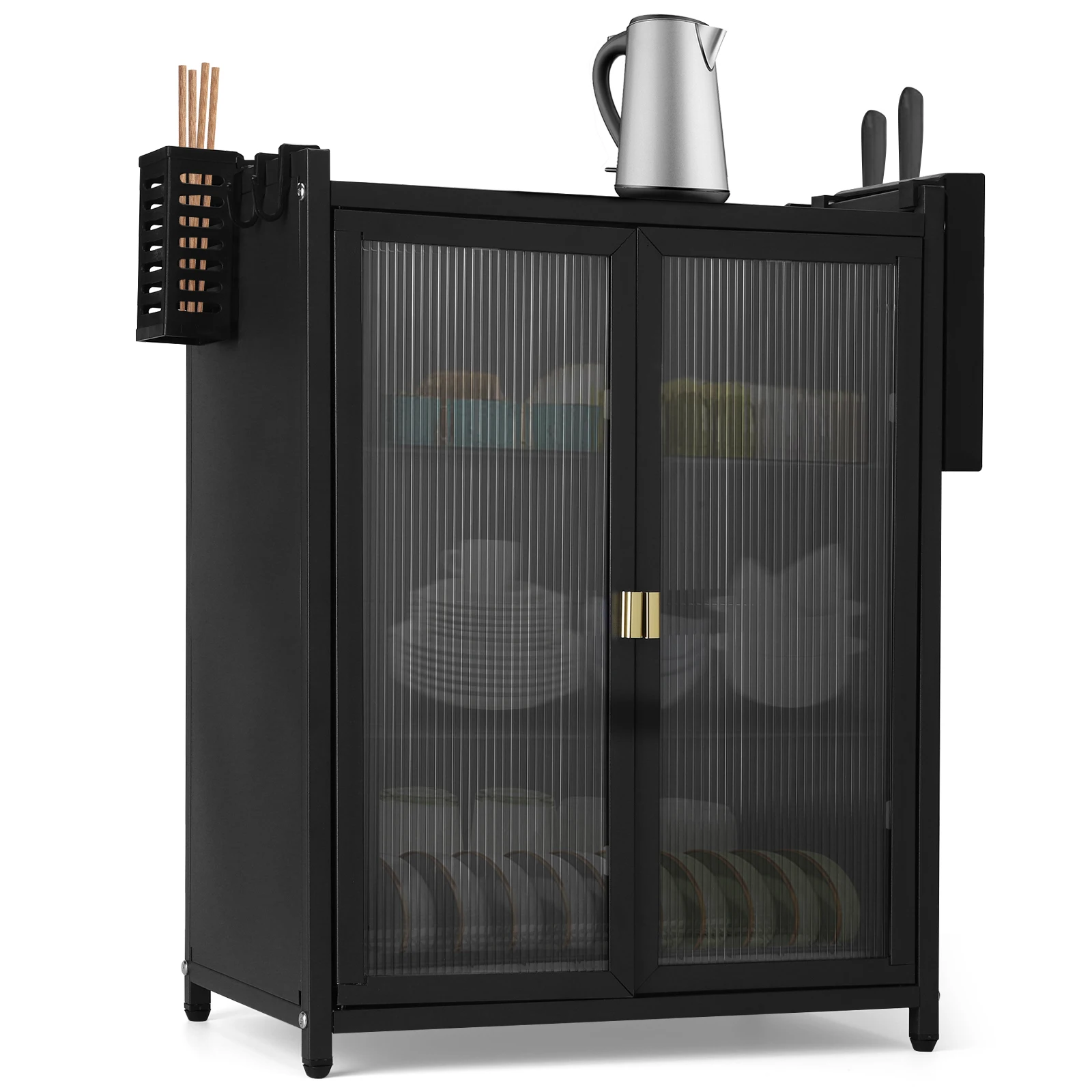 

3-Tier Kitchen Storage Cabinet Dustproof Dish Cabinet with Double Door Kitchen Organizer with Chopstick Baskets