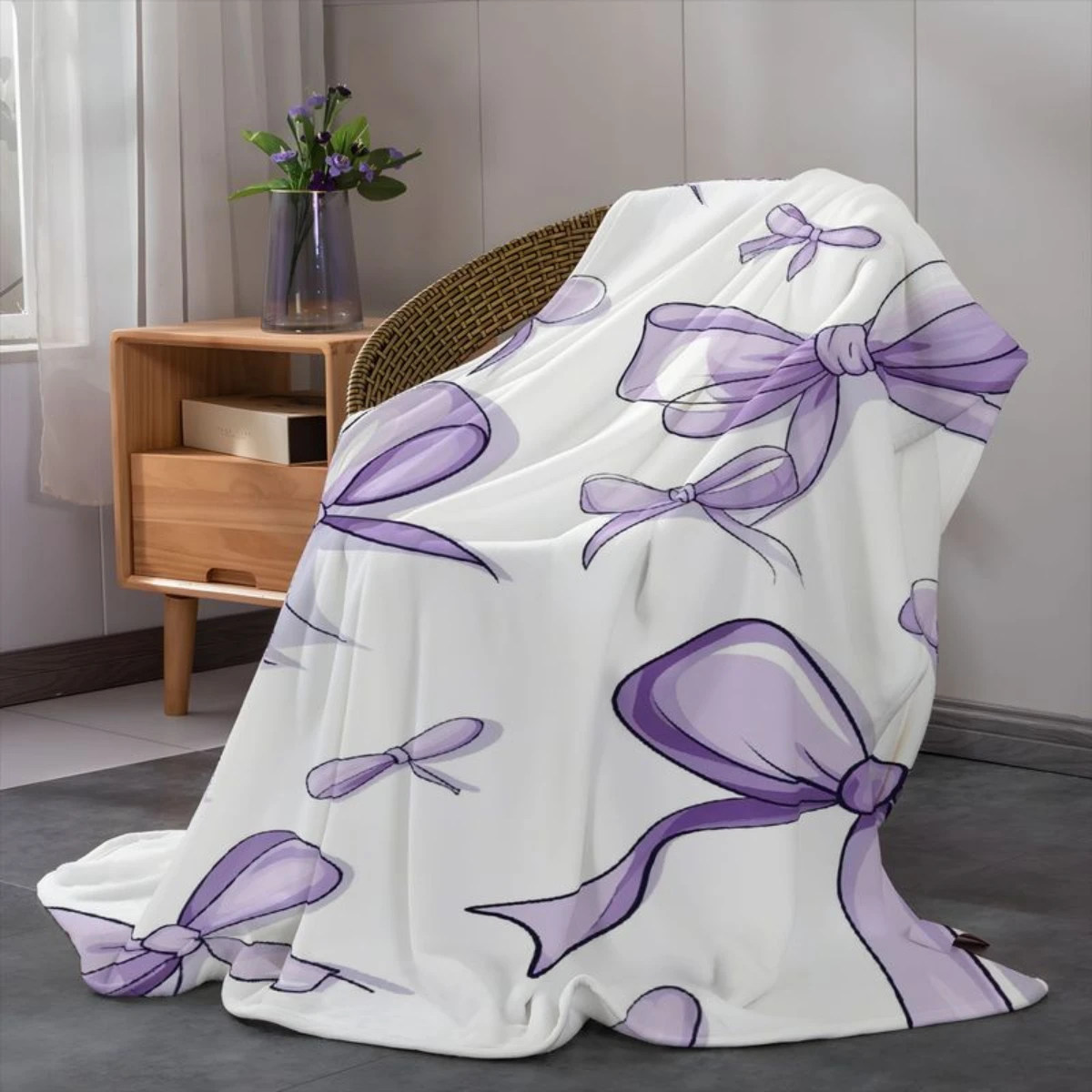 Selimut Flanel Pola Busur Ungu - Tempat Tidur, Sofa, Kantor, Perjalanan, Hadiah, Dekorasi, Nyaman dan Hangat, Natal