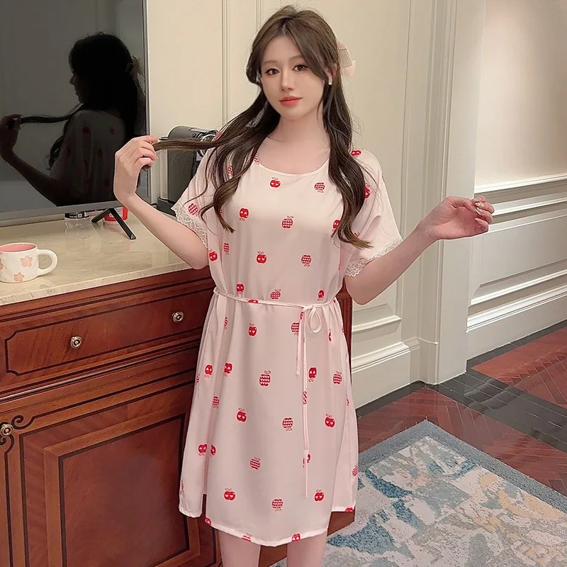 

Summer Ice Silk Print Loose Fit Lightweight Overhead Sleep Dress Women's Home Clothes Comfortable Breathable Nightgown