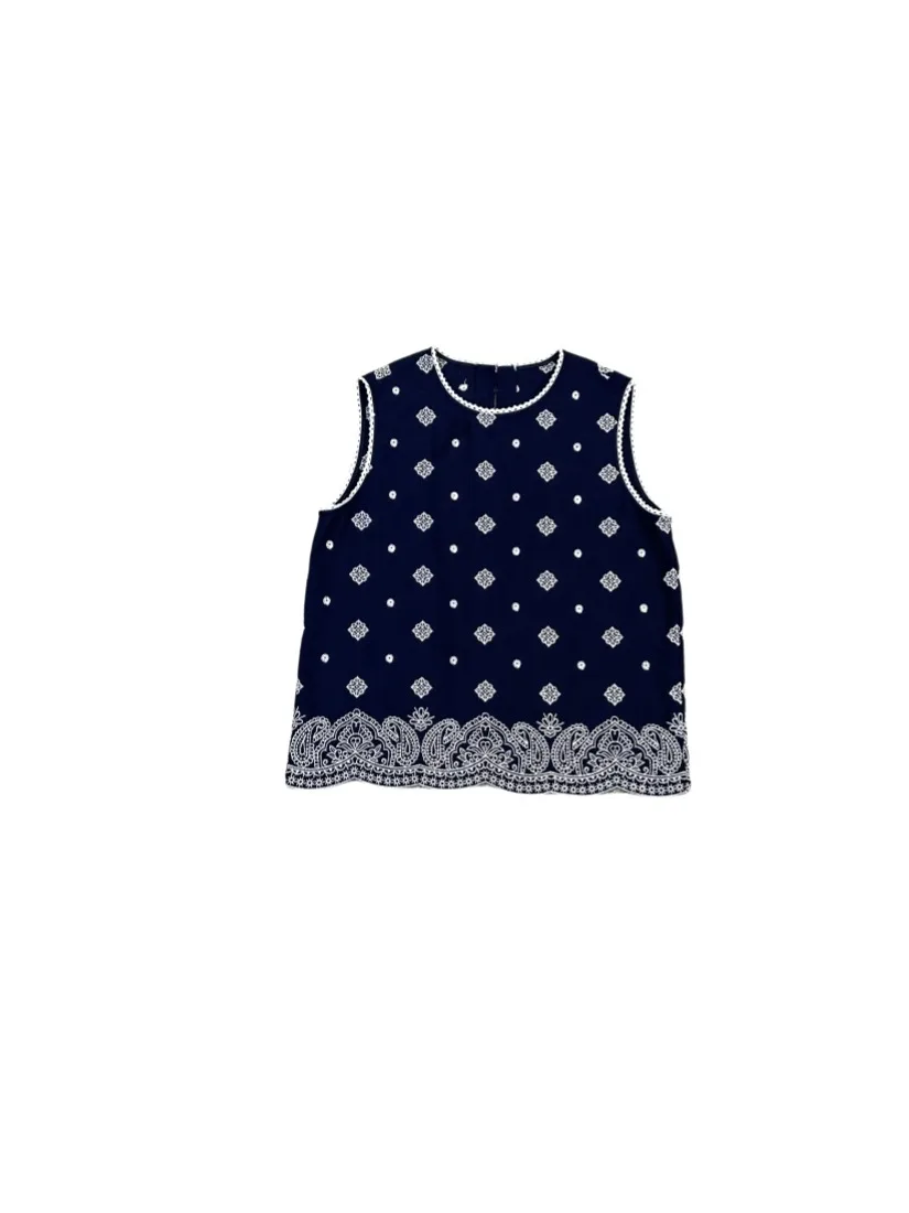 

Blue Embroidered Svel round Ne Vest Vaion Sle Women's Cotton Top M886 Summer 2025 Original Design Outerwear