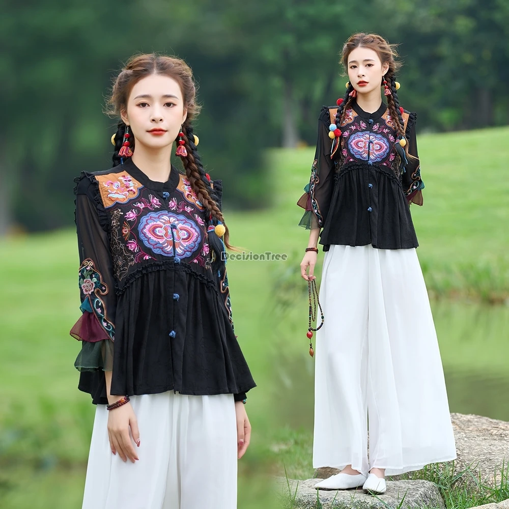 

Новинка 2025 года, женский жилет в китайском этническом стиле, летний жилет без рукавов с воротником-стойкой и вышивкой, ретро-модный костюм Тан, жилет, блузка t001