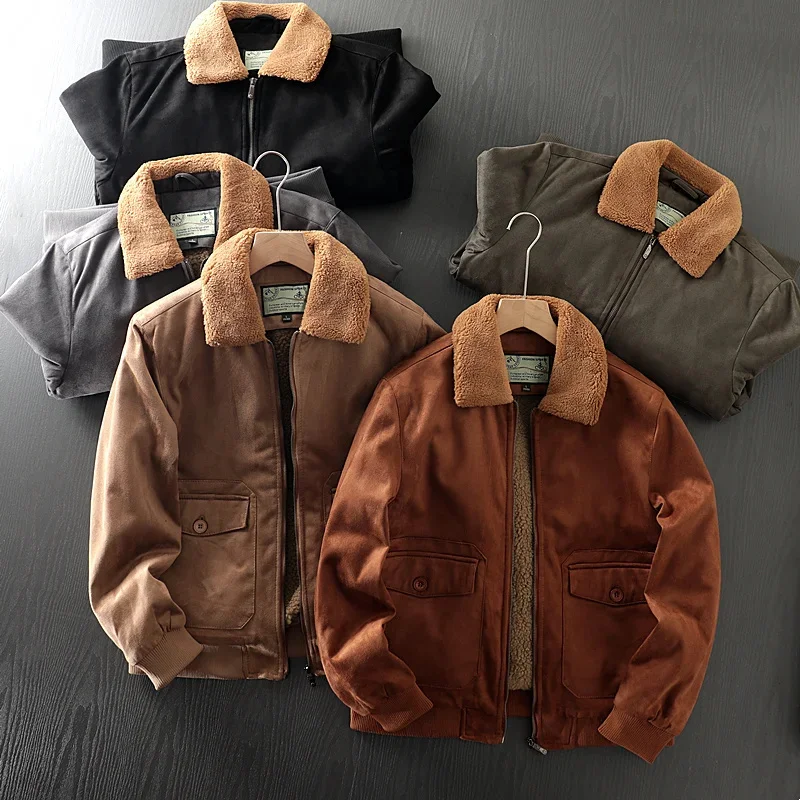 

Faux Suede Lamb Motorcycle Thickened Spring Men's Casual Work Jacket Outdoor Trekking Camp Riding Tooling Fleece Coat Tops